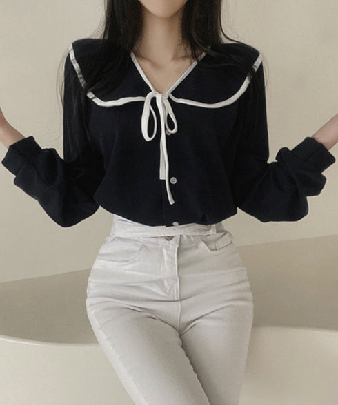 ビッグ襟ブラウス リボンタイブラウス長袖 レディース バイカラーシャツブラウス フレンチガーリー 大きめ襟トップス ゆったり韓国ファッション  着やせ 体型カバー 84WANJIA-022